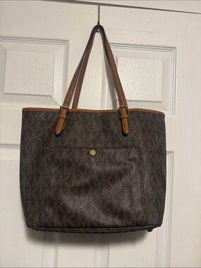 Michael Kors Dark Brown Logo Tote with Tan Trim
